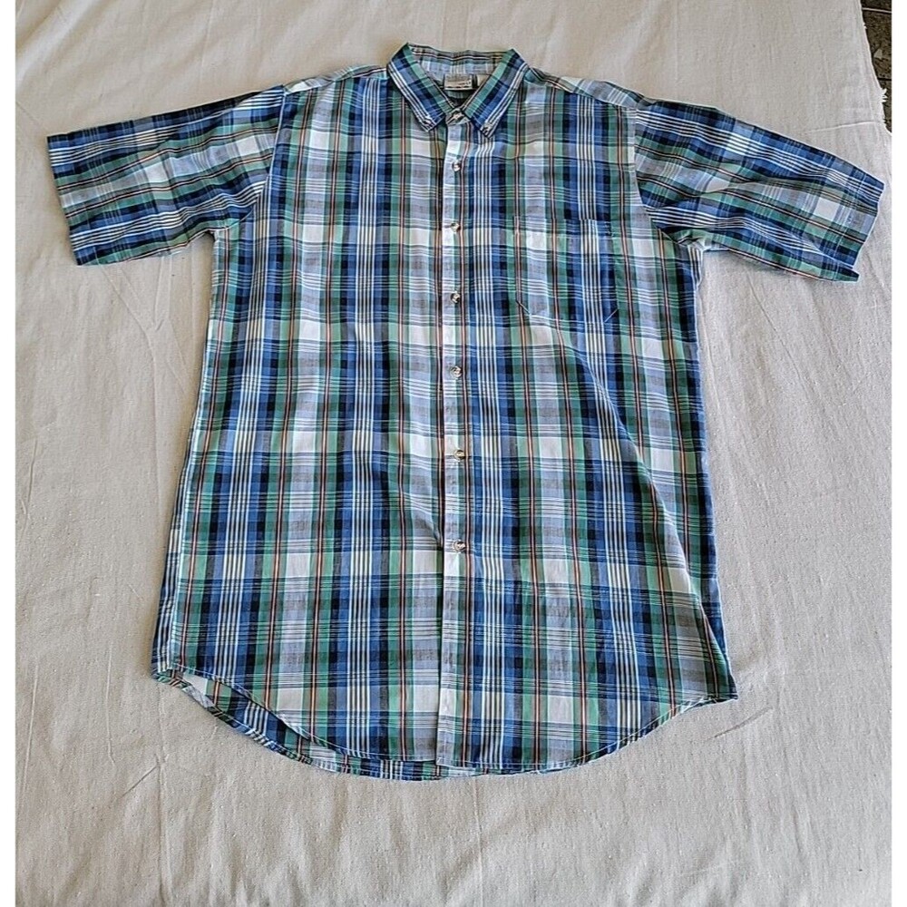 Saddlebrook Westernwear Plaid Button Down Shirt Mens LT Blue Green Short Sleeve